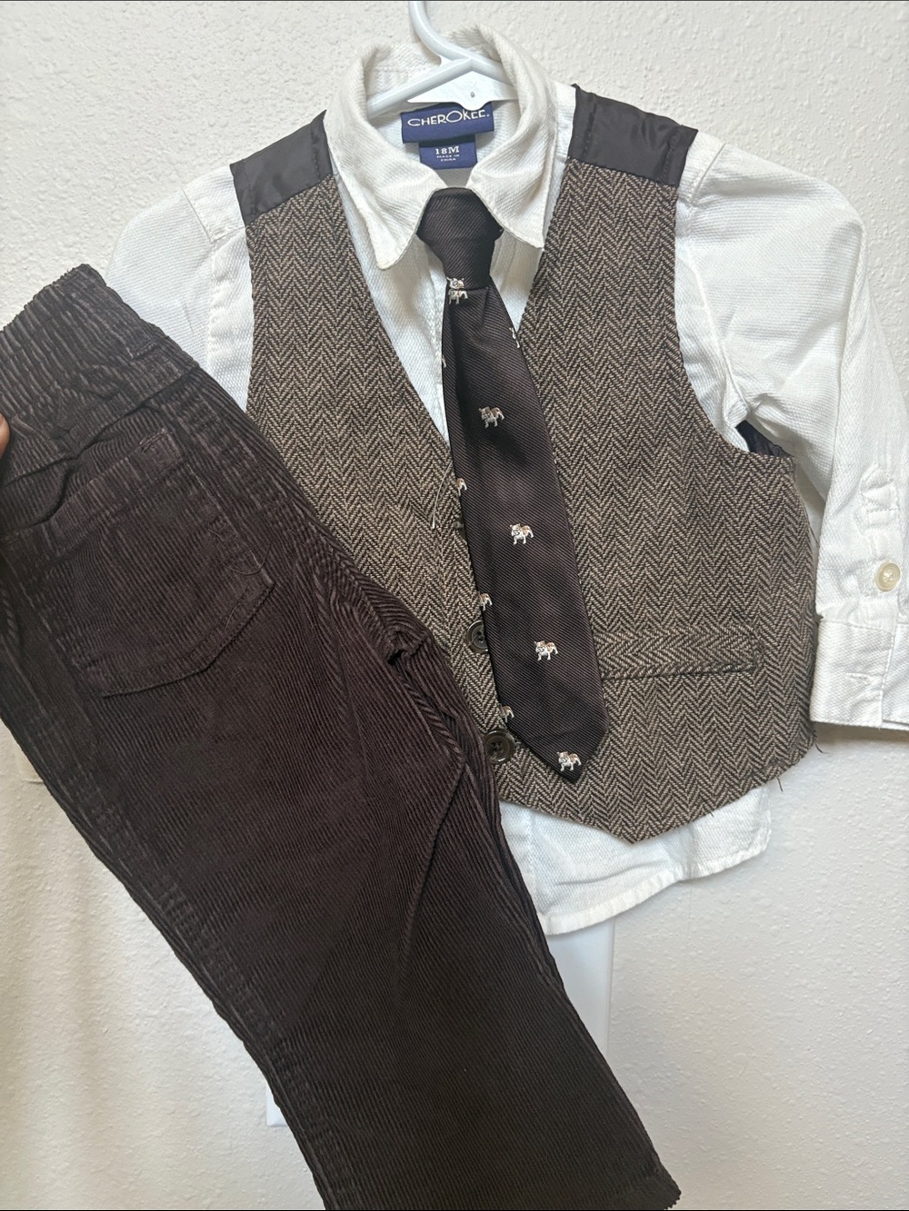 Cherokee Brown Patterned Boys Tie, vest, shirt, pant set